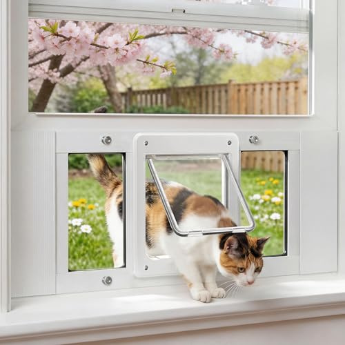 Cat Door for Window & Small Dog, Quick Damage-Free Install, 24-28 Width Adjustable, All Aluminum Frame, 4-Way Lock, Magnetic Closure Cat Window Door, Extra Window Lock & Sealing Strips (S)