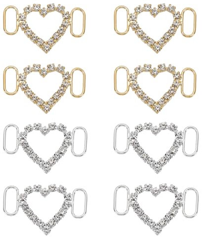 HOBBIESAY 2 Colors 8Pcs Shoelaces Charms for Sneakers Heart Shape Shoe Jewelry Golden Silver Rhinestone Shoelace Clips Bling Shoe Decoration for Women Casual Shoes Accessories