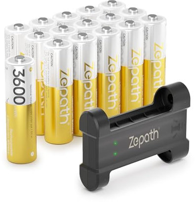 Zepath 16 x AA Wiederaufladbare Lithium Akkus mit Ladegerät, 3600mWh Hohe Kapazität 1,5 V AA Batterien, Langlebige Wiederaufladbare AA Li-ionen Batterie