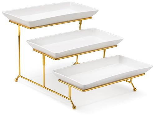 MALACASA 3 Tier Serving Trays for Party, Porcelain Serving Platters and Trays, 12 Inch Tiered Tray Stand, Fruit Tray, White Trays for Serving Food, Dessert Stand with Collapsible Gold Metal Rack