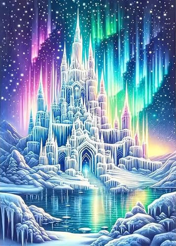 Diamant Painting Schloss aus Eis und Schnee , DIY Diamond Painting Winter-Aurora,5D Diamant Malerei Sets für Erwachsene und Kinder, Fantasie Wanddeko, Stickerei Malerei Kits mit Vollbohrer (30x40 cm)