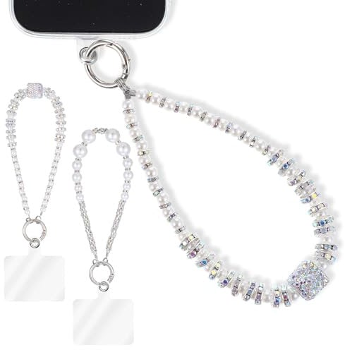 Hpmjz 2 PCS Pearl Beaded Wrist Lanyard Phone Wrist Strap Cell Phone Beaded Charm Detachable Anti-Loss Bracelet Strap Keychain with Tether Tab for Wallet Camera Women Men