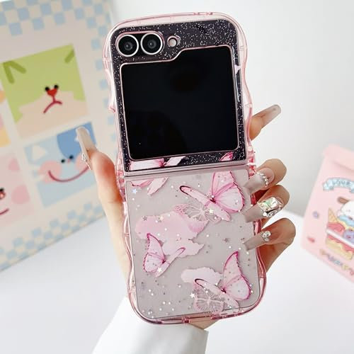 UEEBAI Custodia per Samsung Galaxy Z Flip 5/Z Flip 6 5G, graziosa custodia con farfalla e stella, graziosa e brillante, con glitter, per ragazze, copertura trasparente riccia, antiurto, da ragazza