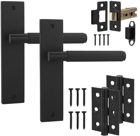 Decoranddecor Hera Matt Black Knurled Backplate Door Handles & 2.5in Tubular Mortise Latch with Fire Rated Hinges – Secure Internal Door Handle Set for Classic Installations