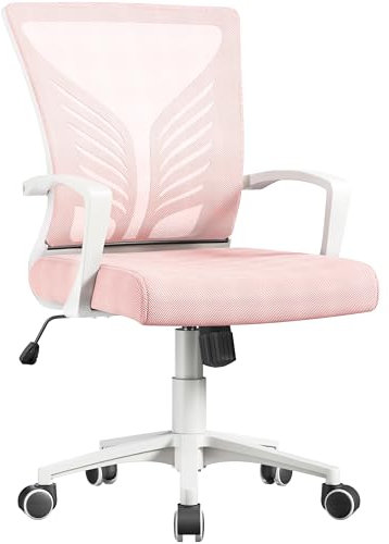 Yaheetech Silla de Oficina con Función de Inclinación, Silla Malla con Soporte Lumbar y Diseño Mariposa para Estudio, Carga Máxima 136kg, Rosa