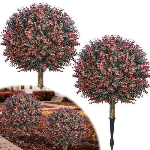 Lot de 2 buis topiaires artificiels roses avec piquet - Résistant aux UV - Faux arbustes à feuilles persistantes - Pour intérieur et extérieur