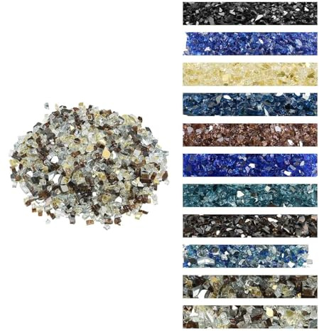 VEVOR Fire Glass, 10 LBS / 4.5 KG High-Temperature Resistant Fireplace Rocks, 1/2-Inch / 12.7 mm Reflective Firepit Glass Rock, High Luster Stone Landscaping for Fire Pit Table, Copper + Clear + Gold