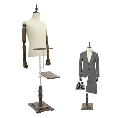 Garbenat Mannequin de couture pour homme - Hauteur réglable de 135 à 180 cm - Forme de robe masculine - Rétro - Avec bras en bois massif - Porte-chaussures - Socle en bois - Buste de vêtements (beige
