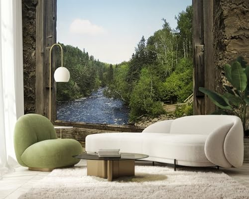 PaxGloz Fototapete Fensterblick 3D Effekt Tapete Fenster Wald Fluss Landschaft Tapeten Vliestapete Modern Wandtapete Wohnzimmer Schlafzimmer Kinderzimmer Wanddeko Motivtapeten 300 x 210 cm (B x H)