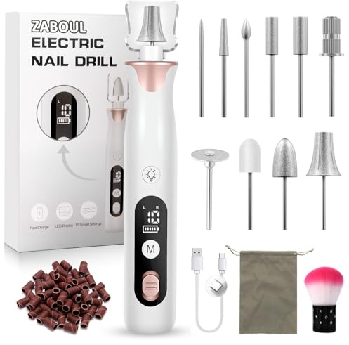 Electric Nail File, ZABOUL Cordless Nail Dril Machine for Nails Care Salon | Professional Manicure Pedicure Kit, 10 Speeds Electric Nail Grinder Rechargeable with LED Light for Hand Natural Nails Care