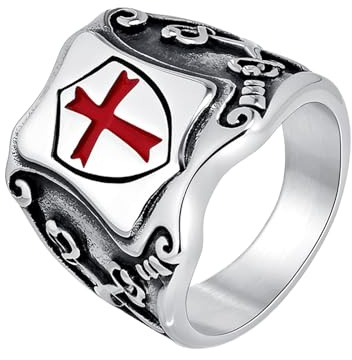 JewelryWe Kreuzritter Tempelritter Ring Herren, Edelstahl Herrenring Siegelring mit Rot Kreuz Schild Vintage Mittelalterlicher Fingerring Wikinger Hip Hop Biker Schmuck für Männer