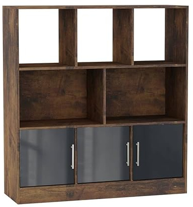 URBNLIVING Rustic Brown 8 Cube Asymmetrical Bookcase – Freestanding Storage Unit with 3 Doors - Gloss Doors - Grey