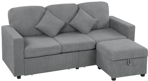 HOMCOM 3-Sitzer Ecksofa Modular Cord Sofa 196x139x85 cm mit Abnehmbarer Fußstütze und Kissen, Reversible L-förmiges Sofa für Wohnzimmer, Hellgrau