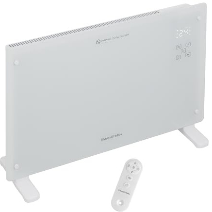 Russell Hobbs Glass Panel Electric Smart Heater WiFi Enabled 2000W with Remote Control in White, 3 Heat Modes, Touch Contol & LED Display, Auto-Adjust Temperature Sensor, Wall Mountable RHPANH2006W