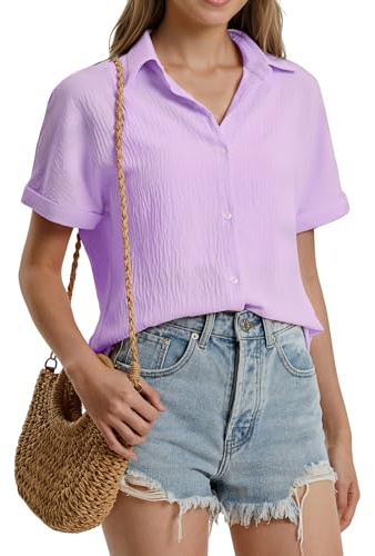 Stamain Blusa Donna Lilla Chiaro Elegante Estiva Manica Corta Scollo a V Camicetta Casual con Bottoni Larghi Camicia Donna Maniche Corte 2XL