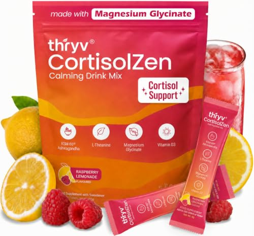 Thryv Cortisol Drink Sachets - Magnesium Powder with KSM-66 Ashwagandha, L-Theanine, Vitamin D3 - Sugar Free Calm Drink for Stress Relief, Focus, Memory & Relaxation - 20 Servings