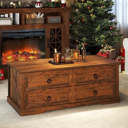 Gurexl 120 X 55 X 46 cm Couchtisch Rustikaler mit 4 Schubladen,EIN rechteckiger Beistelltisch mit Einer Tischplatte in Holzoptik für Kartentische, Schlafzimmer, Wohnzimmer, oder Gartenpavillons,Braun