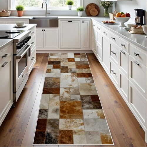 Meugesoi Retro Spleißen Teppich Läufer Rindsleder-Druck Teppiche Waschbarer rutschfest 80x200 cm, Kariert Plaid Teppichläufer, Carpet für Flur Schlafzimmer KüChe Hallway