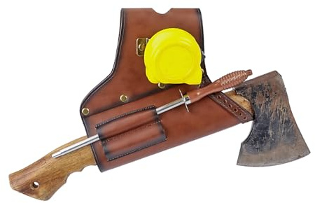 Leather Axe Holster Hammer Hatchet Sheath Carrier Tape Measure Holder | Heavy Duty Multitool Organiser Pouch, Leather slots for Files, Bar Wrench, Metal Tape Clip, Belt Attachment Loop, Waist Pack