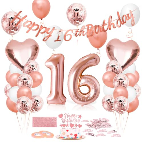 Luftballon 16. Geburtstag Roségold, Geburtstagsdeko 16 Jahr, Ballon 16. Geburtstag, Riesen Folienballon Zahl 16, Happy Birthday Folienballons 16er, Ballon 16er Deko zum Geburtstags Mädchen