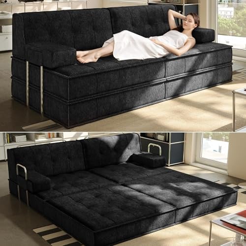 Wumagin 6 in 1 Schlafsofa 160x100cm,Klappbare Matratze 200x160cm mit festem Rahmen, Bequemer Ausklappbarer Futon, 4-Sitzer Gästesofa modularer Loveseat für Wohnzimmer (Schwarz)