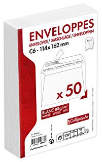 Calligraphe (gamme correspondance Clairefontaine) 5966C - Paquet de 50 Enveloppes Blanches C6-114x162mm - Auto-Adhésives - 80g/m²
