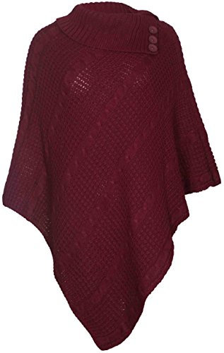 Womens Cape Shawl Wrap Long Knitted Sweater Folded Roll Neck Button Jumper Ladies Poncho Top One Size Burgundy One Size 8-16