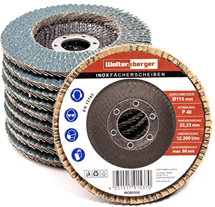 Woltersberger® Lot de 10 disques à lamelles, de qualité supérieure, diamètre : 125 mm, grain 60, pour le ponçage et le polissage du métal, acier et bois, enrobés de corindon au zirconium, INOX