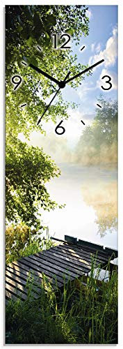 ARTLAND Wanddeko Wanduhr ohne Tickgeräusche Glas Funkuhr 20x60 cm Rechteckig Lautlos Landschaft Wald Natur See Sonne Urlaub Ländlich T0WD