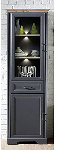 Lomadox Landhaus Vitrine schmal inkl. LED in Graphit mit Eiche, inkl. LED-Beleuchtung