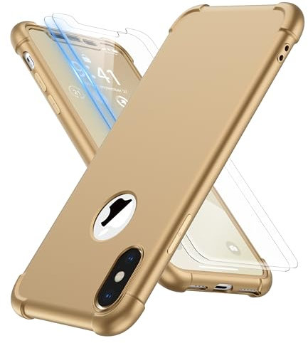 ORETECH Coque Compatible avec iPhone X et iPhone XS, avec 2 x Protecteur D'écran en Verre Trempé Housse Hybride Robuste 2 en 1 Antichoc Ultra Mince Anti Rayures PC TPU Etui pour iPhone XS X Case Or