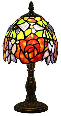 Tokira Tiffany-Stil Tischlampe 6 Zoll, E14 Vintage Glasmalerei Mini Nachtlicht, Rote Rose Blume Nacht Schlafzimmer Schreibtischlampen für Wohnzimmer(Ohne Glühbirnen)