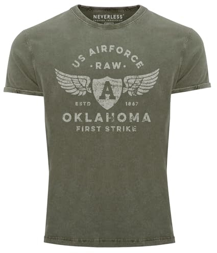 Neverless® Herren Vintage Shirt Print US Airforce Oklahoma Aviator Used Look Slim Fit
