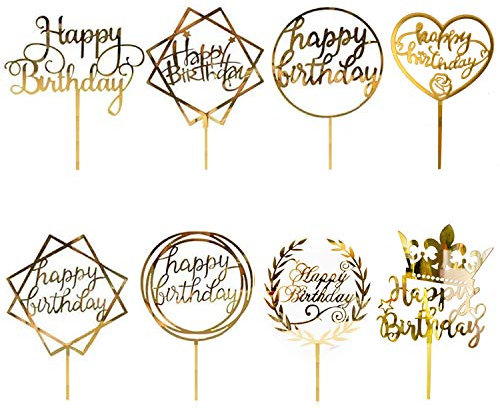 8 Pack Happy Birthday Cake Topper, CBGGQ Multicolour Acrylic Cupcake Topper for Various Party Decoration for Girls Kids Baby Birthday Wedding Mother Cake Supplies (Gold)