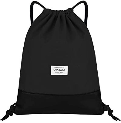 LIVACASA Turnbeutel Mit Reißverschluß Innentasche Sportbeutel mit Leder Hipster Gym Bag Beutel Gefüttert Rucksack Mit Verstellbar Tunnelzug Gymsack Turnsack für Damen Herren Pures Schwarz