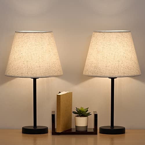 LIANTRAL Nachttischlampen 2er-Set mit E27 Fassung - LED Tischleuchten mit Metallbasis und Leinenschirm, Klassische Tischlampe mit Knopfschalter für Schlafzimmer, Wohnzimmer, Büro - Beige/Schwarz