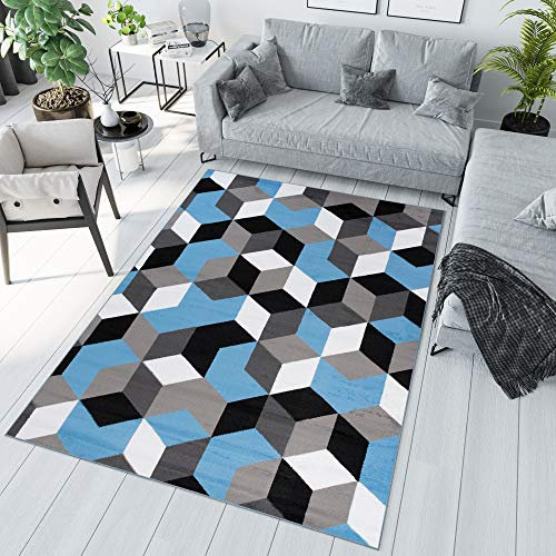 TAPISO Maya Teppich Kurzflor Modern Grau Weiß Blau Schwarz Geometrisch Gitter Figuren Design Wohnzimmer Schlafzimmer ÖKOTEX 250 x 350 cm