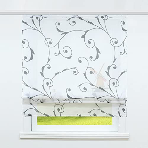 CORLIF Raffrollo mit Klettband Transparent Bändchenrollo Küche Landhaus Gardinen Kurz Vorhang Modern Bedruckte Vorhänge Weiß BxH 140x140cm 1 Stück