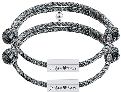 MeMeDIY Personalisierte Magnetarmbänder für Paare mit Initiale/Gravur Textarmband für Damen Herren Verstellbare Nylon-Freundschaftsarmbänder (Silberfarbenes Rechteck)