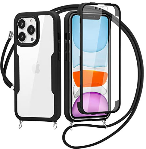 Yoedge 360 Grad Handyhülle Handykette für Apple iPhone 12 6,1, Necklace Silikon TPU Fullbody Schutzhülle mit Integriertem Displayschutz Transparent Stoßfest Hülle mit Band zum Umhängen - Schwarz