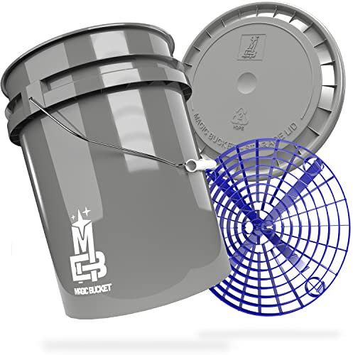 MAGIC BUCKET Car Hand Wash Bundle | Wash Bucket with Matching Bucket Lid 5 US Gallons Approx. 20 Litres | With Grit Guard Bucket Insert Dirt Strainer | Washing Set Grey/Blue