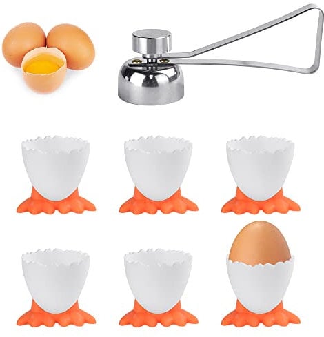 SIYINGSAERY 7 Stück Eierbecher Eieröffner Set Eierständer Eierhalter Kinder Frühstücks Egg Cup, 6 X Lustig Eierbecher Set mit 1 X Edelstahl Eiöffner für Rohes Gekochtes Eier Brunch (Orange)