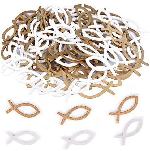 Holz Fisch Deko 100 PCS Siumir Holzdekorationen Streudeko Gold Weiß Tischdekorationen für Taufe, Kommunion, Hochzeit