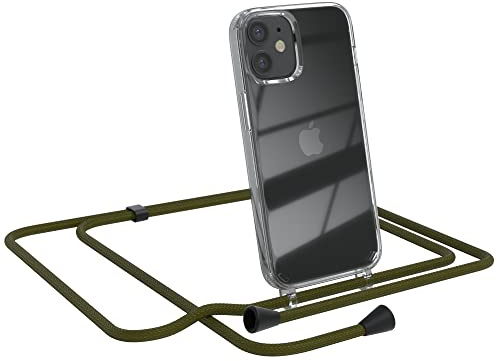 EAZY CASE Handykette kompatibel mit iPhone 12 Mini Handyhülle mit Umhängeband, Handykordel mit Schutzhülle, Silikonhülle, Hülle mit Band, Stylische Kette für Smartphones, Grün - Clips Schwarz