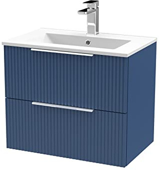Hudson Reed DFF393B Fluted Modern Bathroom Wall Hung 2 Drawer Vanity Unit with Minimalist Ceramic Basin, Satin Blue