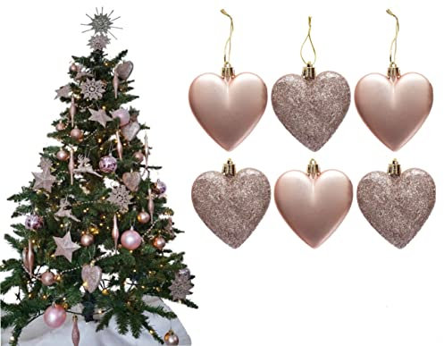 6pc Large Glitter & Matte Heart Baubles - Great Christmas Tree Decorations, Heart Baubles (Rose Gold)