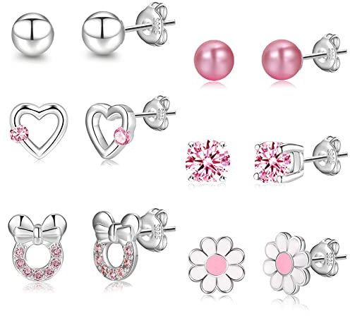 6Paare 925 Sterling Silber Ohrringe für Mädchen Damen Hypoallergene Ohrringe Tiny Herz Hoop Ohrringe CZ Ball Schmetterling Daisy Gestüt Sets für Teenager Kinder Kleinkind Rosa Silber