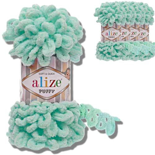 Alize 5x 100g Puffy türkische Wolle Super Bulky Chenillegarn Kuschelweich Babywolle Handstrickgarn zum häkeln weiches Chenille-Garn XXL-Knäuel für Amigurumi (Light Turquoise | 19)