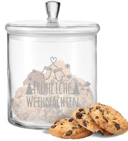GRAVURZEILE Leonardo Keksglas mit Gravur - Fröhliche Weihnachten - Keksdose aus Glas mit luftdichtem Deckel - Vorratsglas für Plätzchen - Dekoration zu Weihnachten - Farbe: Gravur