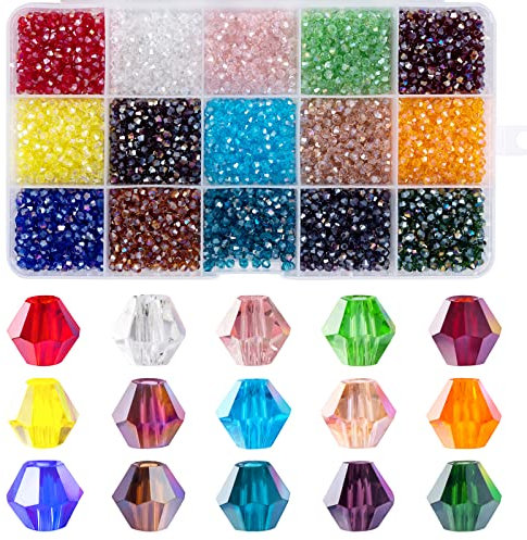 MissAudrey 3750pcs 3mm Bicone Crystal Beads for Jewelry Making Wholesale Faceted Bicone Glass Beads for DIY Bracelets Necklaces Earrings Suncatcher Craft Beading with Container Box (AB Colors)